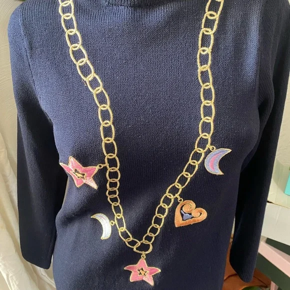 St.John Navy blue sweater with necklace charms - Picture 5 of 6